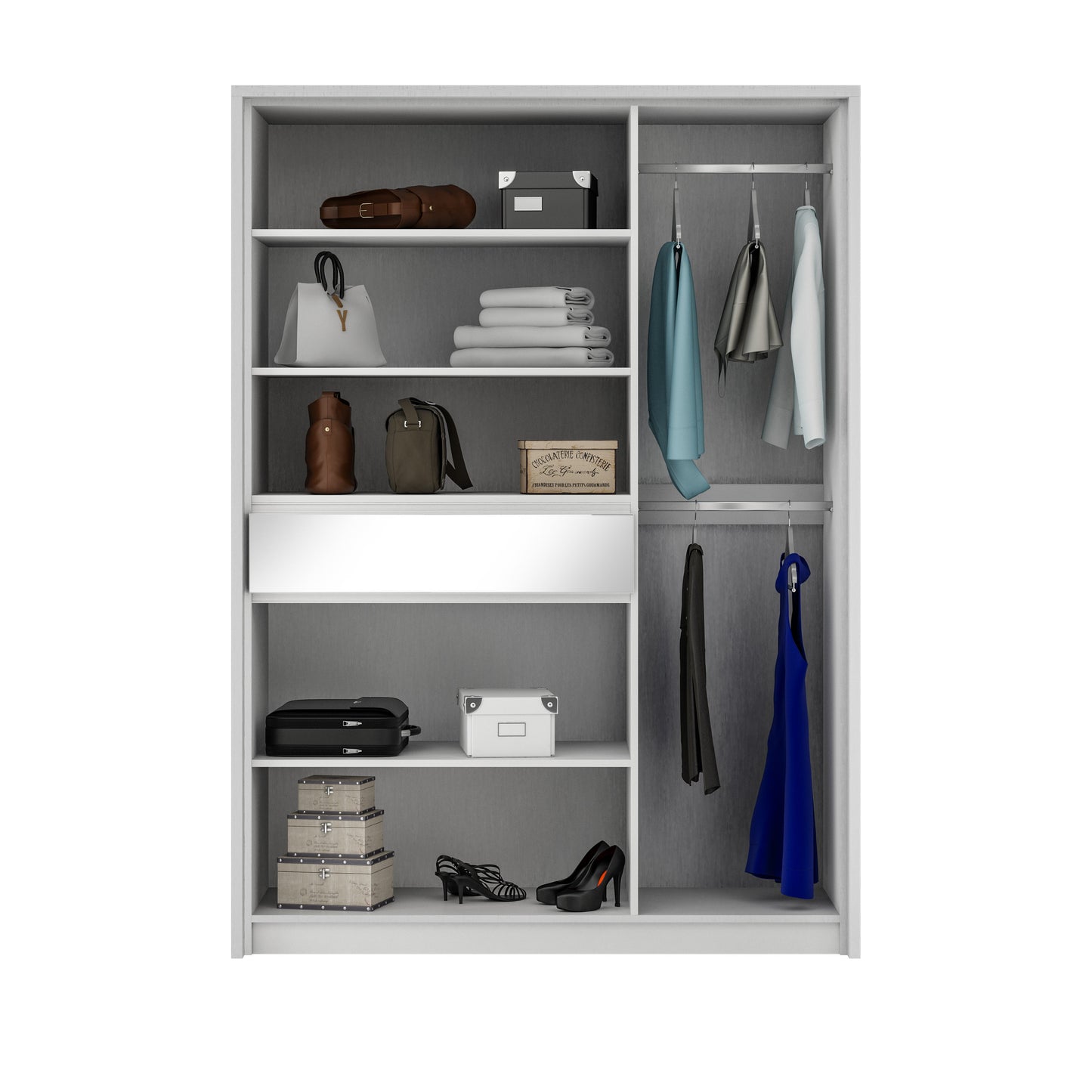 Split 157cm White Matt Sliding Wardrobe - Sleek Mirror Front & Smart Storage