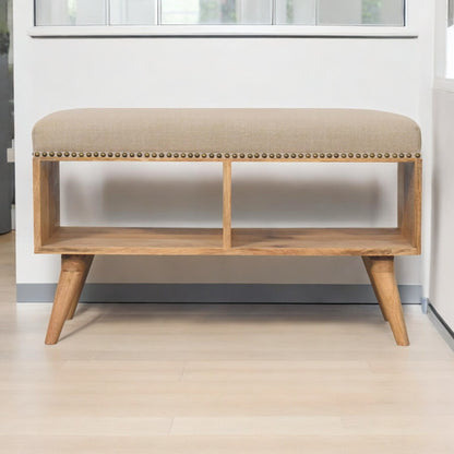 Studded Linen Open Bench. 100% Solid Mango Wood