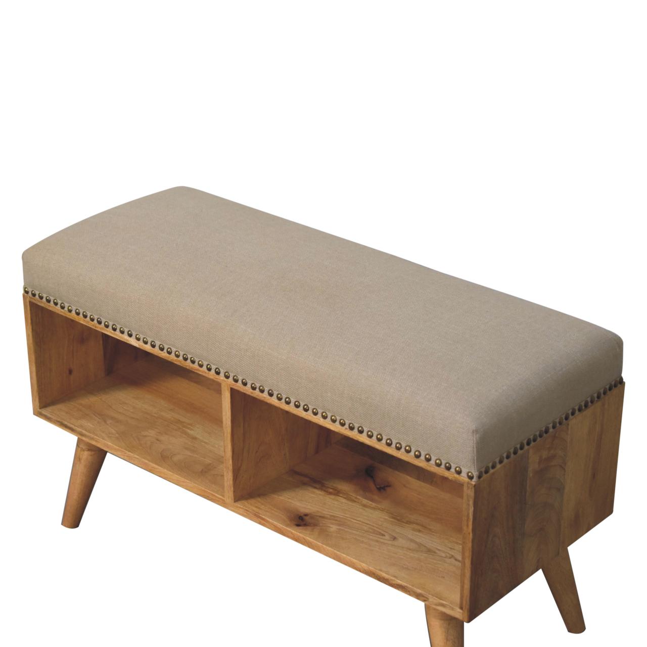 Studded Linen Open Bench. 100% Solid Mango Wood