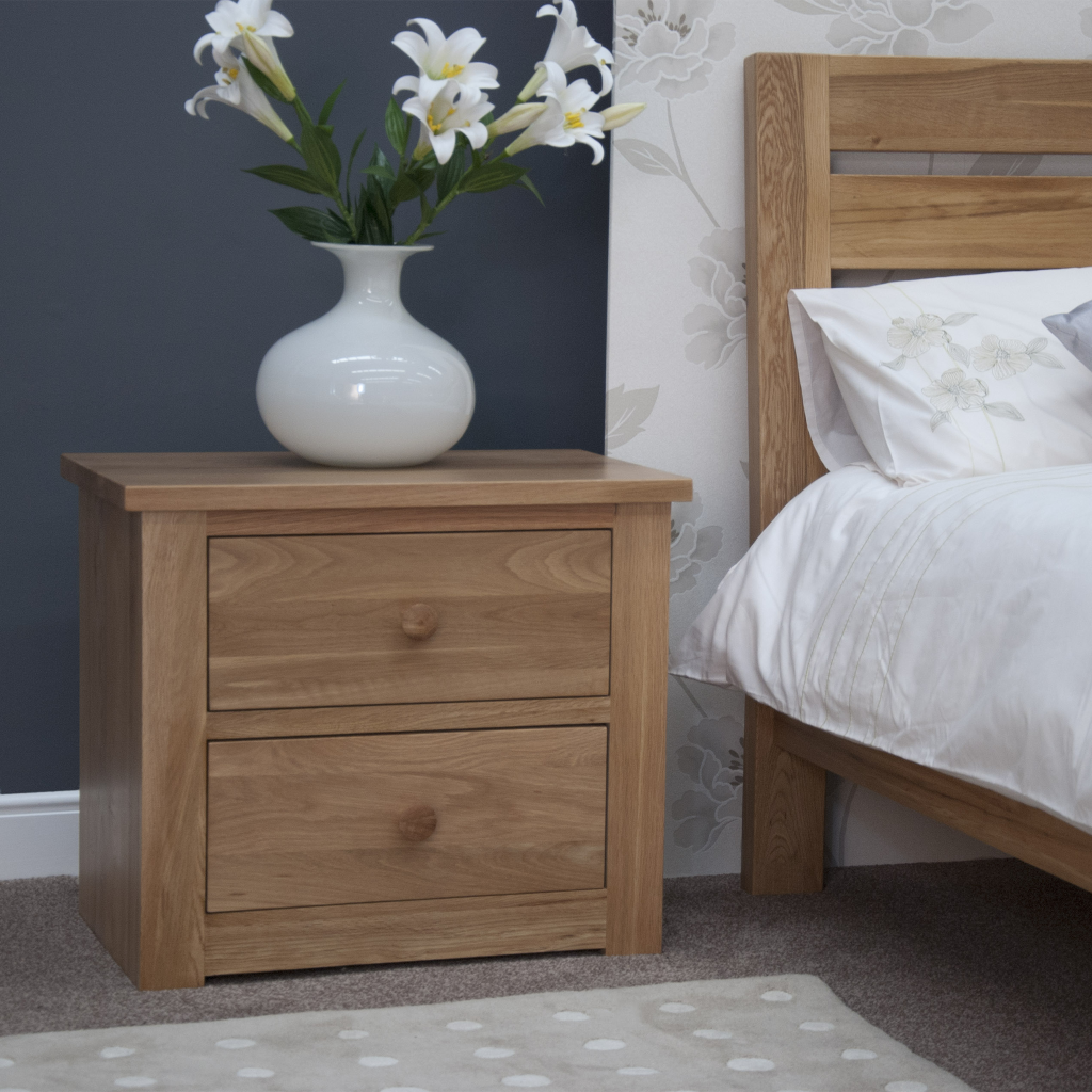 Torino 2 Drawer Wide Bedside Cabinet. 100% Solid Oak