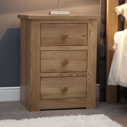 Torino 3 Drawer Narrow Bedside Cabinet. 100% Solid Oak