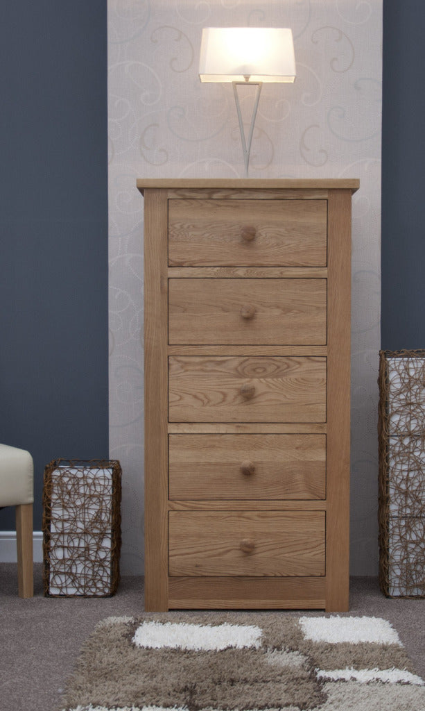 Torino 5 Drawer Narrow Chest. 100% Solid Oak