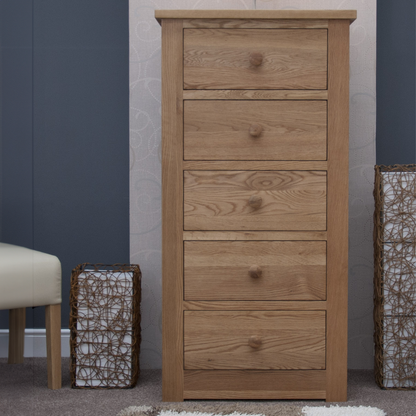 Torino 5 Drawer Narrow Chest. 100% Solid Oak1