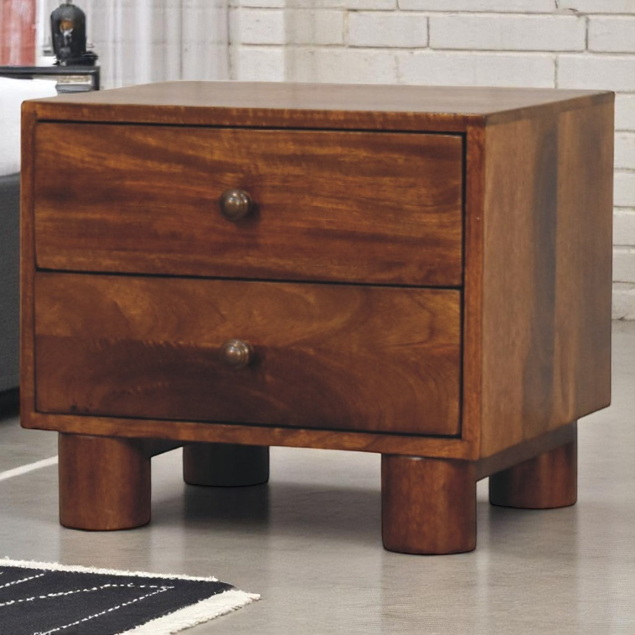 Tula 2 Drawer Chestnut Nightstand. 100% Solid Mango Wood