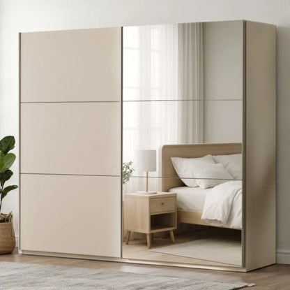 Sand Beige Sliding Mirrored Wardrobe 250cm - Spacious Serenity with Style