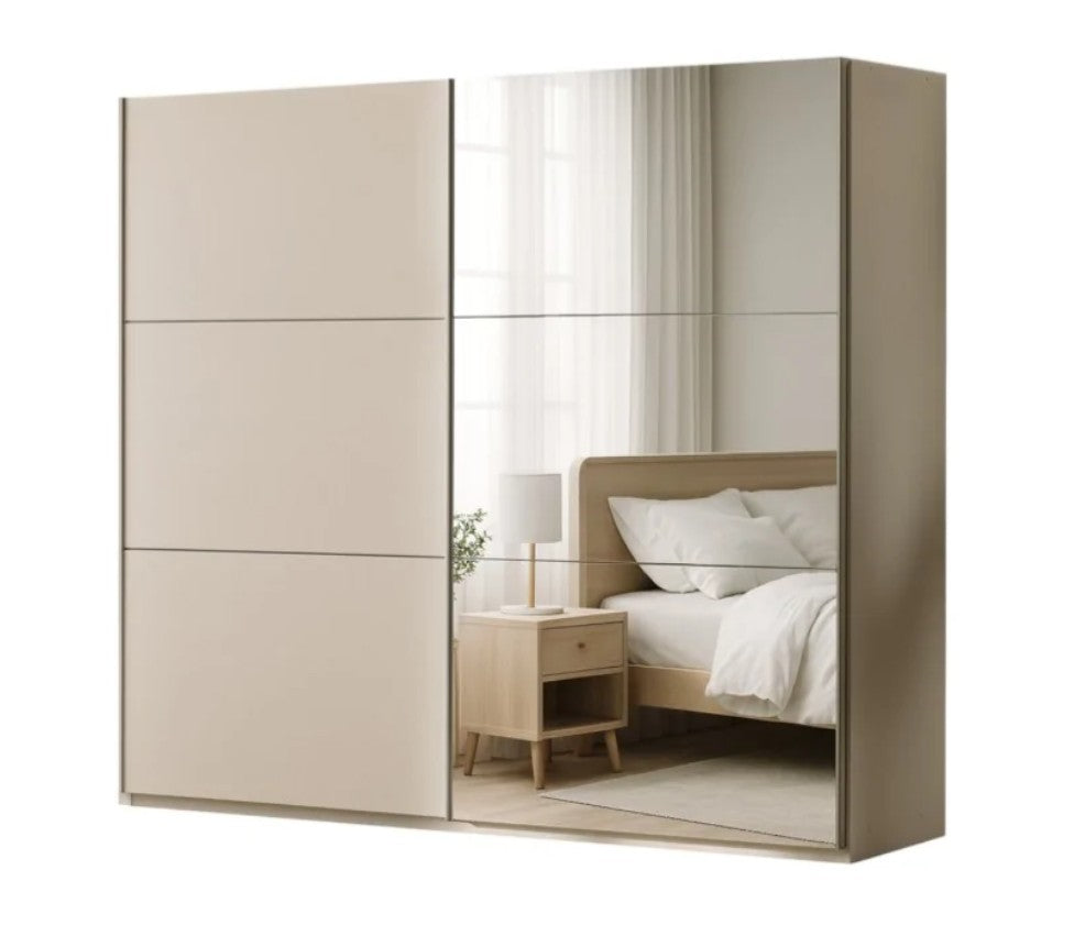 Sand Beige Sliding Mirrored Wardrobe 250cm - Spacious Serenity with Style