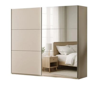 Sand Beige Sliding Mirrored Wardrobe 250cm - Spacious Serenity with Style