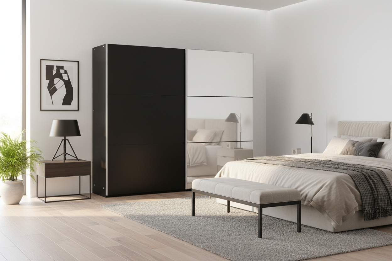 Modern bedroom showcasing full black and white sliding door wardrobe