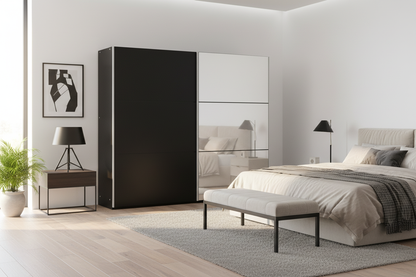 Modern bedroom showcasing full black and white sliding door wardrobe