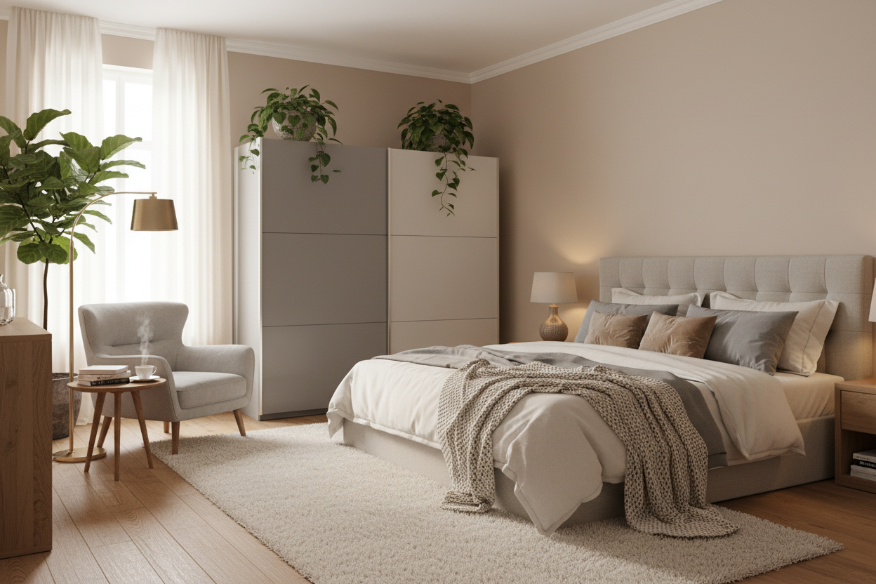 Cosy adult bedroom with grey two-tone sliding door wardrobe