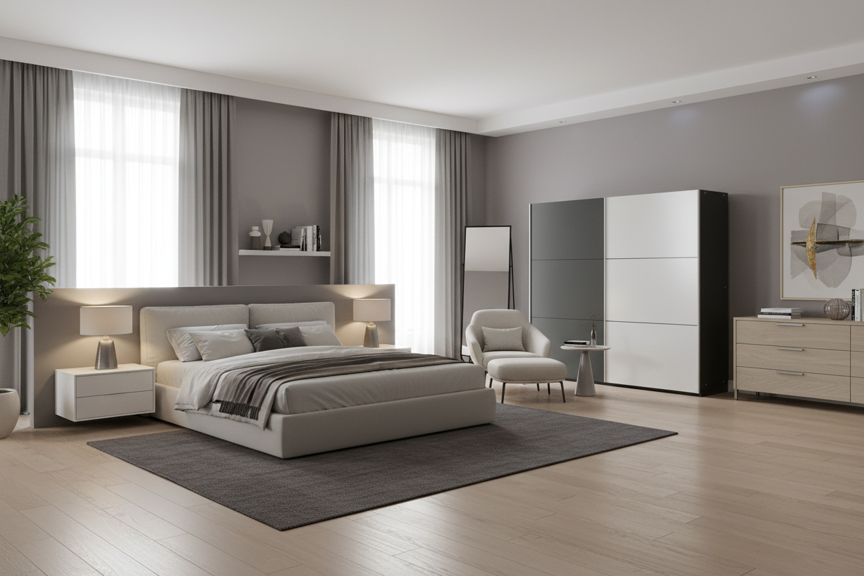 Spacious master bedroom with grey and white sliding door wardrobe