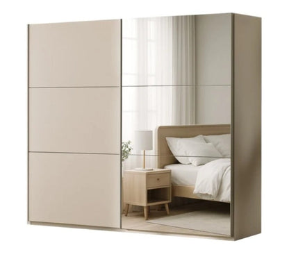 Sand Beige Sliding Mirrored Wardrobe 120cm - Modern Calm, Smart Storage