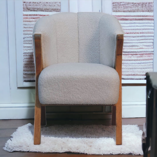 White Boucle Minimalistic Chair. 100% Solid Mango Wood.