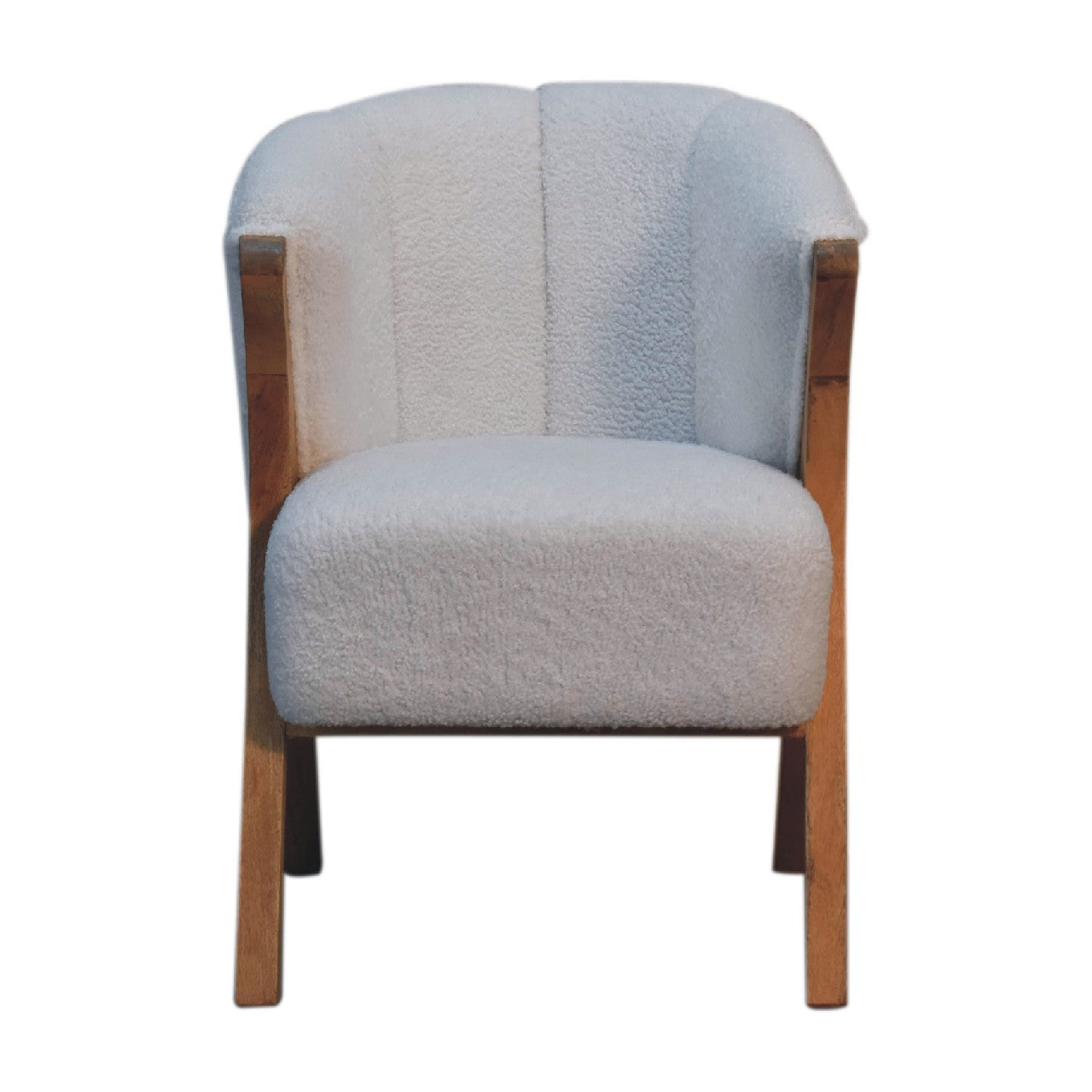 White Boucle Minimalistic Chair. 100% Solid Mango Wood.