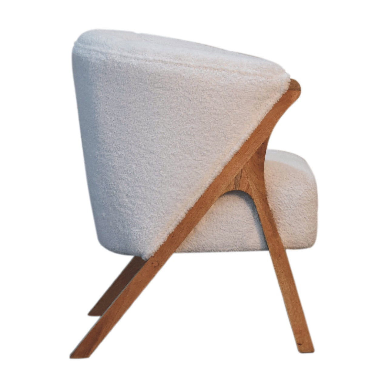 White Boucle Minimalistic Chair. 100% Solid Mango Wood.
