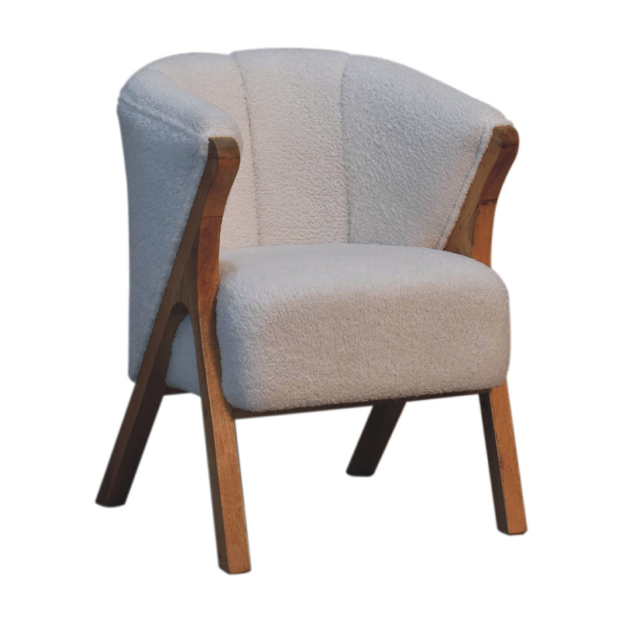 White Boucle Minimalistic Chair. 100% Solid Mango Wood
