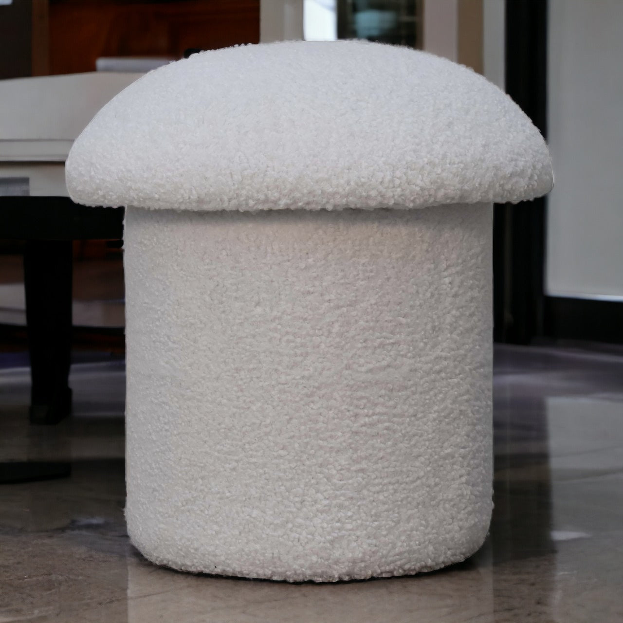 White Boucle Mushroom Footstool. 100% Solid Mango Wood