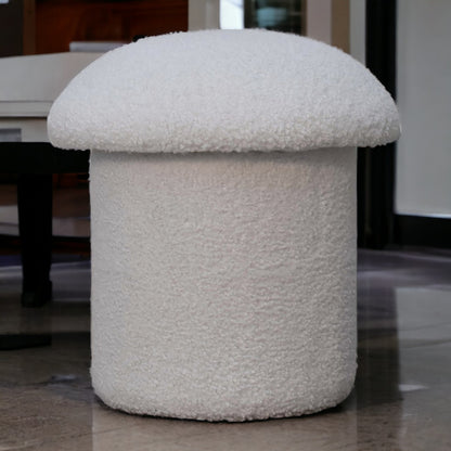 White Boucle Mushroom Footstool. 100% Solid Mango Wood