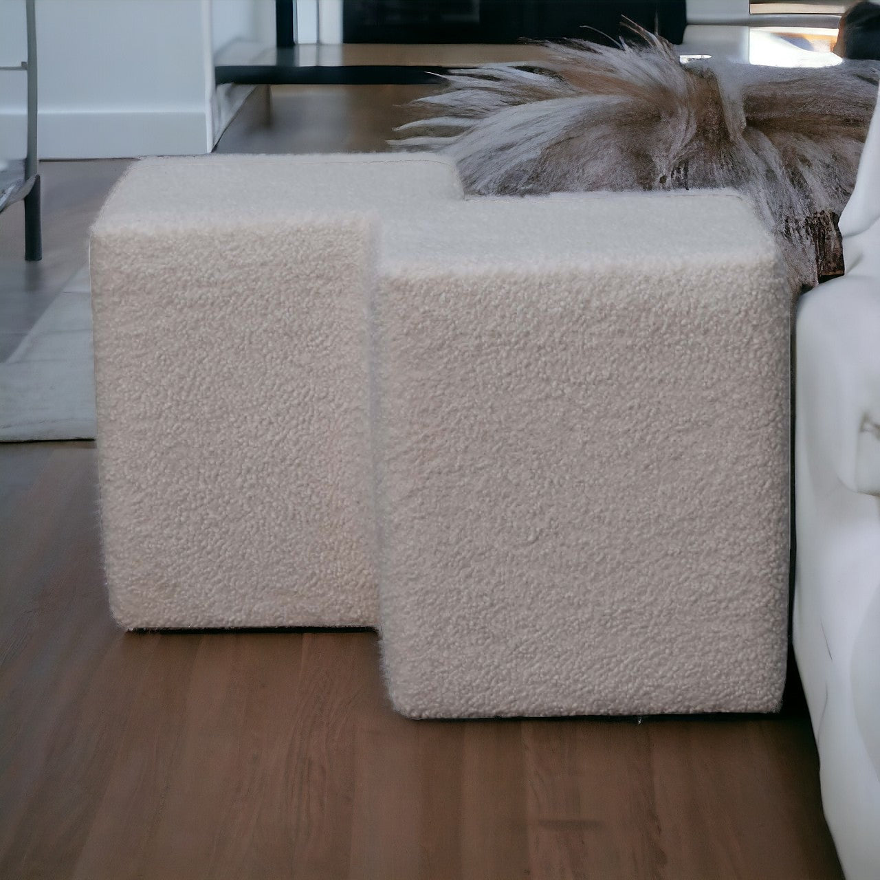 White Boucle Twin Footstool. 100% Solid Mango Wood