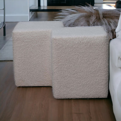 White Boucle Twin Footstool. 100% Solid Mango Wood