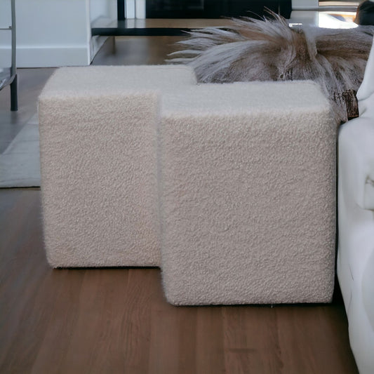White Boucle Twin Footstool. 100% Solid Mango Wood