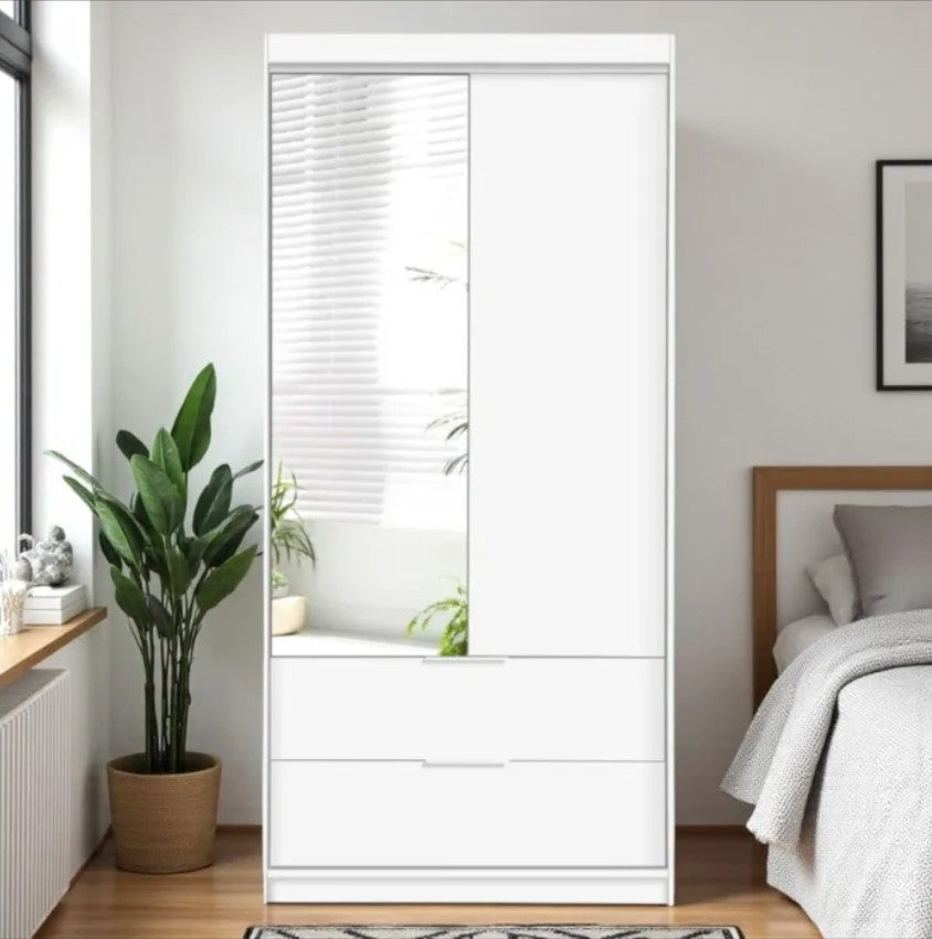 White Mallorca W105cm Wardrobe - Compact Elegance with Mirrored Door