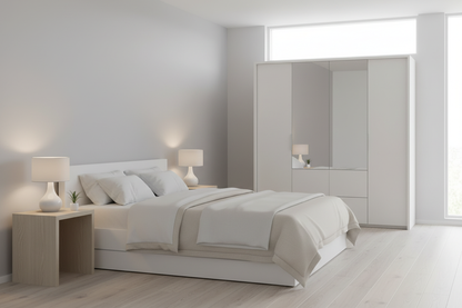 Premium bedroom scene with white wardrobe