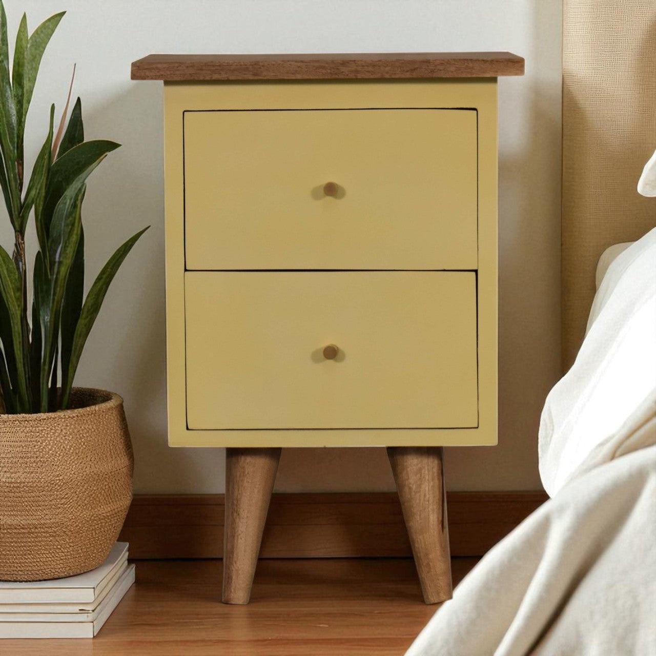 Yellow Hand Painted Bedside. 100% Solid Mango Wood