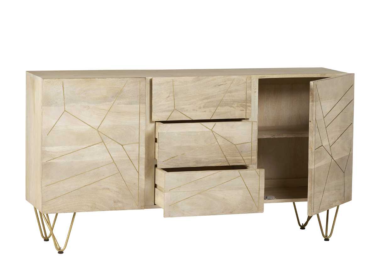 Light Gold Sideboard. 160cm Wide Solid Mango Wood.