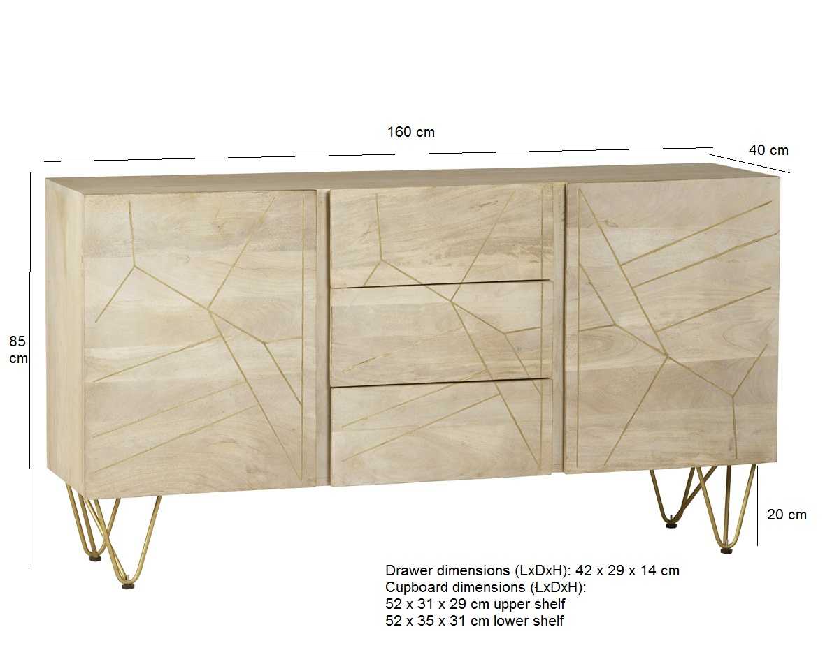 Light Gold Sideboard. 160cm Wide Solid Mango Wood.