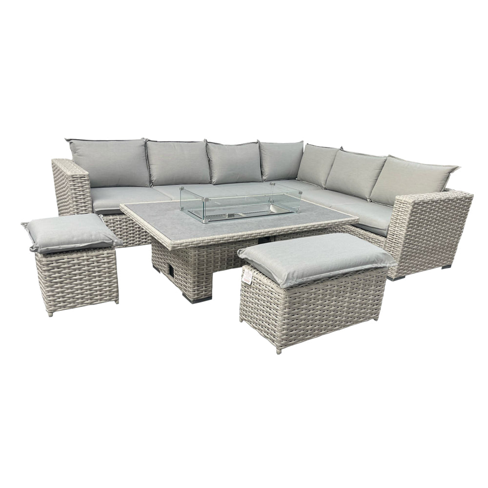 Grey Outdoor Corner Sofa 2 benches/Stools 1 Fire Pit Table