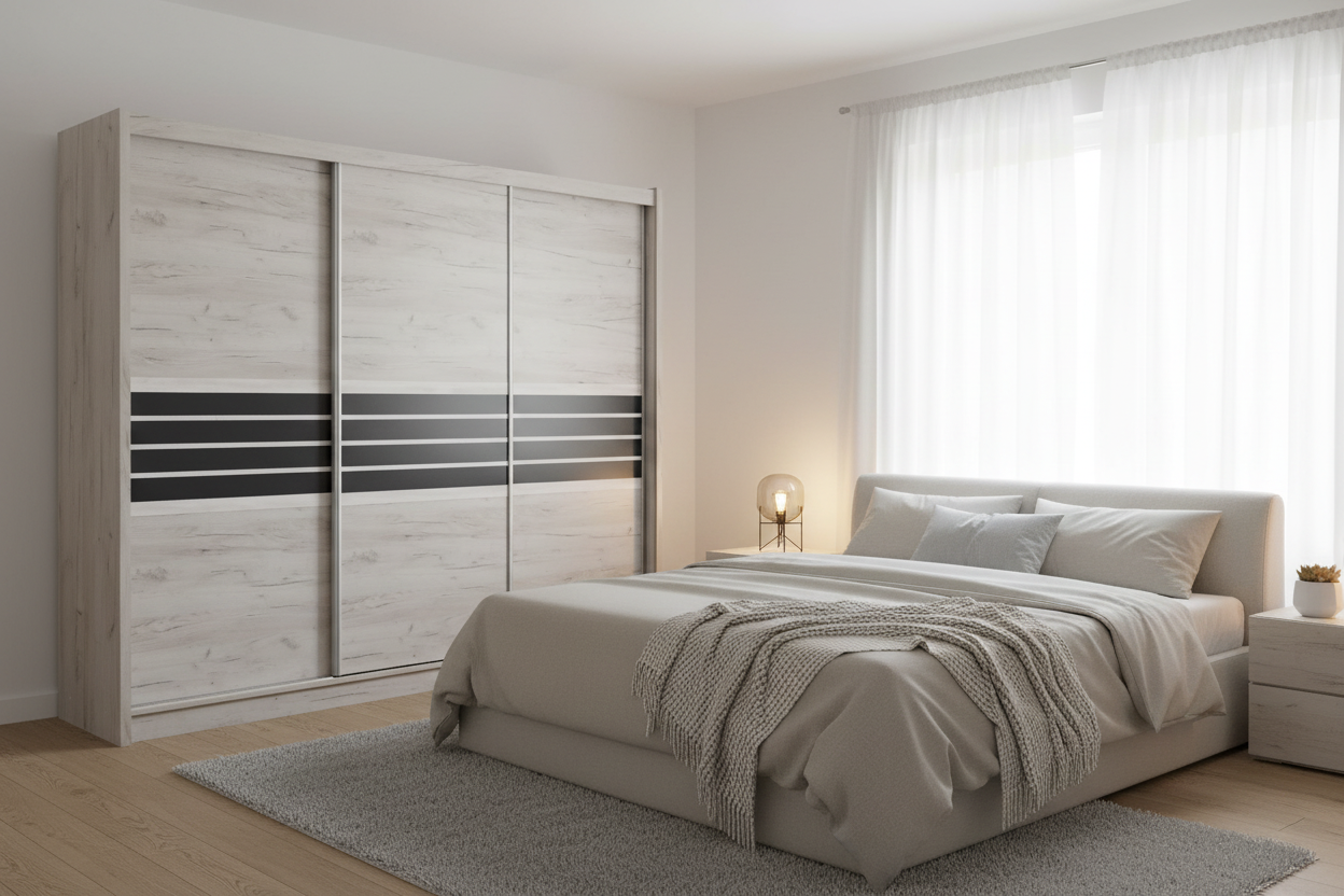 Calming bedroom scene with wardrobe