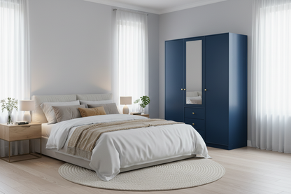 Comforting bedroom scene with dark blue Siena II wardrobe