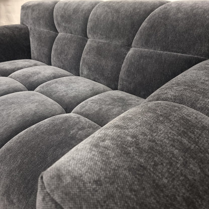 close up view of the Aluxo Harlem Grey Steel Velvet 3 seater Sofa in bubble sofa style.