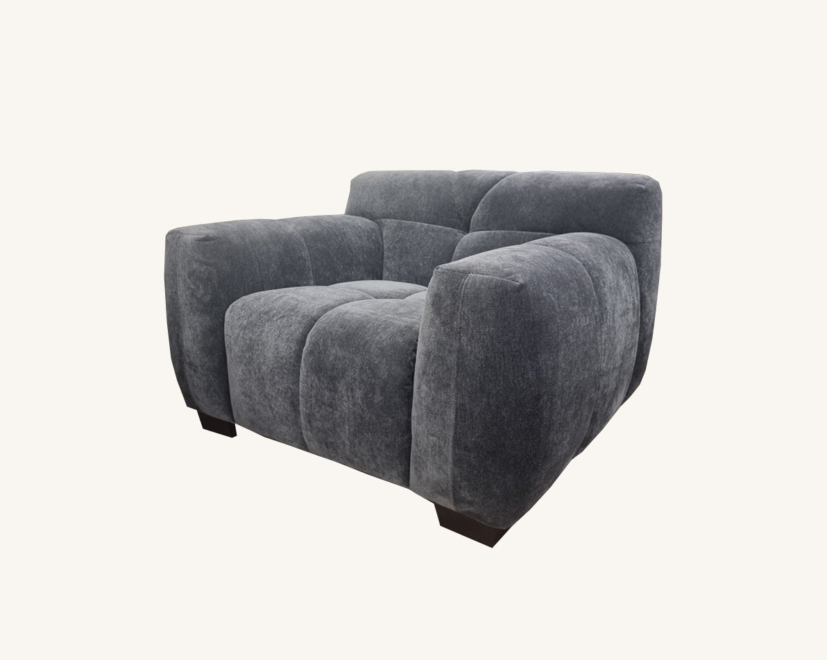 Thee Aluxo Harlem Grey Steel Velvet arm chair in bubble sofa style.