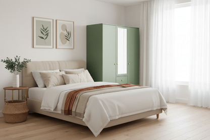 Siena II D3 Wardrobe in sage green in a bright, nature-inspired bedroom setting