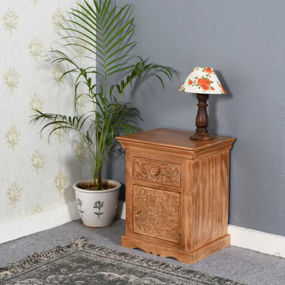 Artwork Mango Wood Bedside Table With Storage 100% Eco Sourced Natural Wood