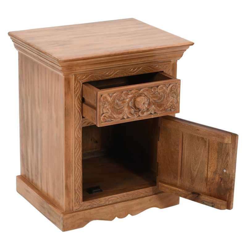 Artwork Mango Wood Bedside Table With Storage 100% Eco Sourced Natural Wood