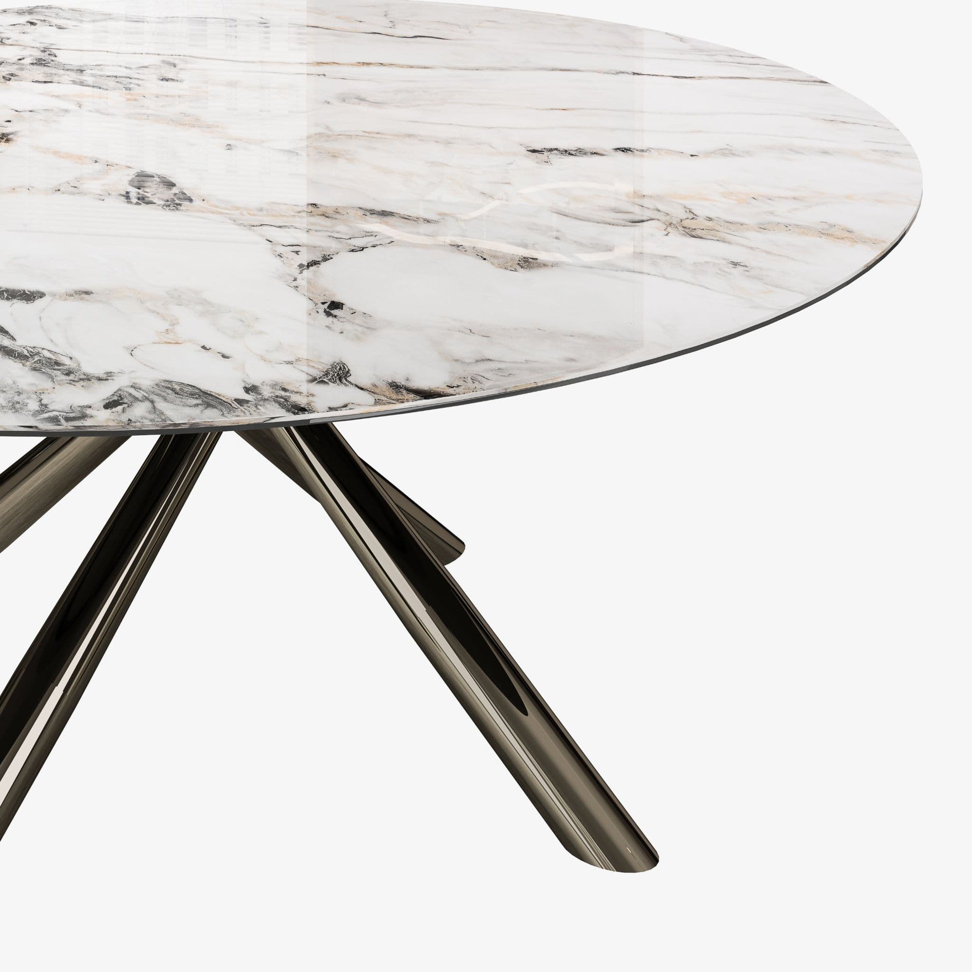 Okato White Round Sintered Stone Dining Table with shiny black legs