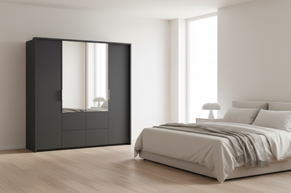 Premium bedroom scene with dark grey wardrobe