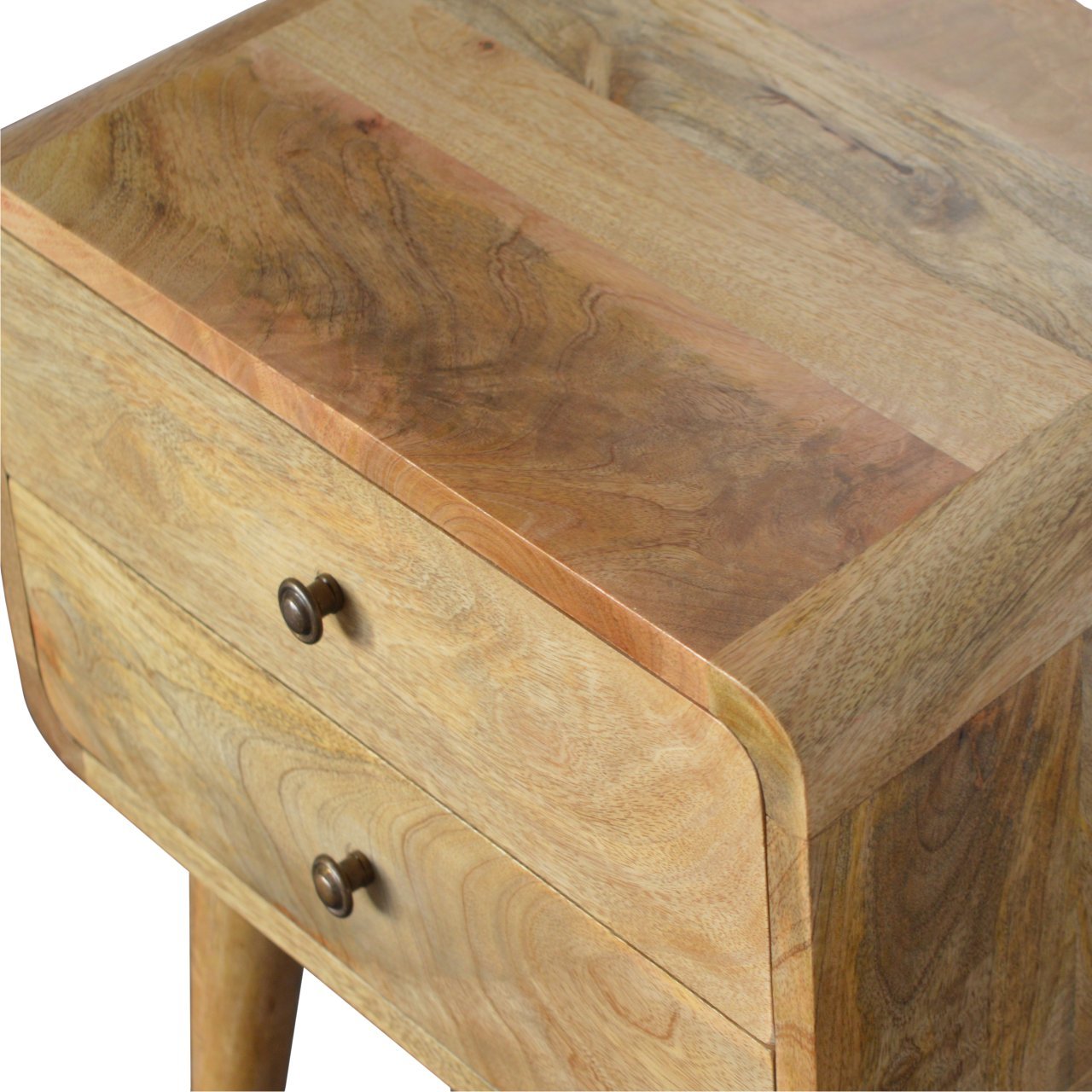 Curved Oak-ish Bedside Table with Drawer, 100% Solid Mango Wood