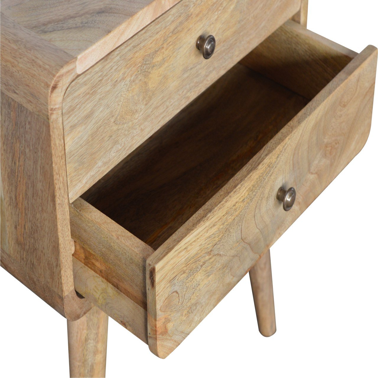 Curved Oak-ish Bedside Table with Drawer, 100% Solid Mango Wood
