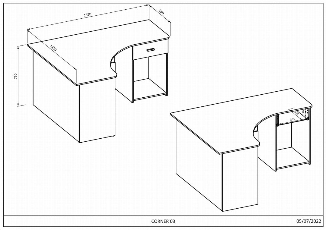 Corner Desk 155cm White Oak Wotan & Black