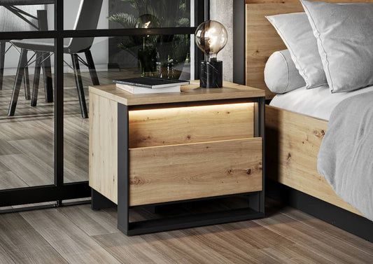 Quant QS-03 Bedside Table 55cm.Oak Artisan &amp; Black Matt