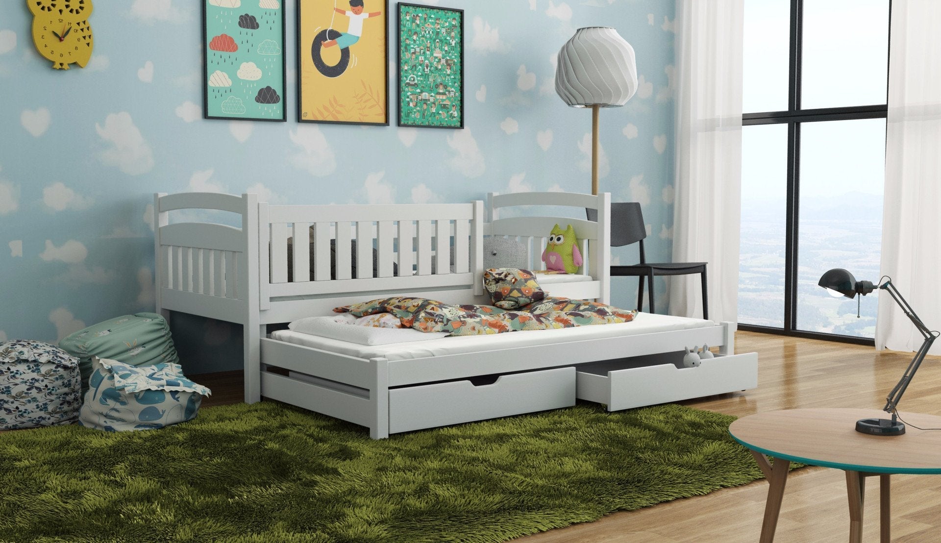 Wooden Bed Galaxy with Trundle and Storage white matt graphite pine