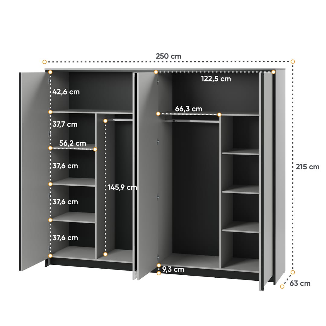 Gris Hinged Door Wardrobe 250cm grey