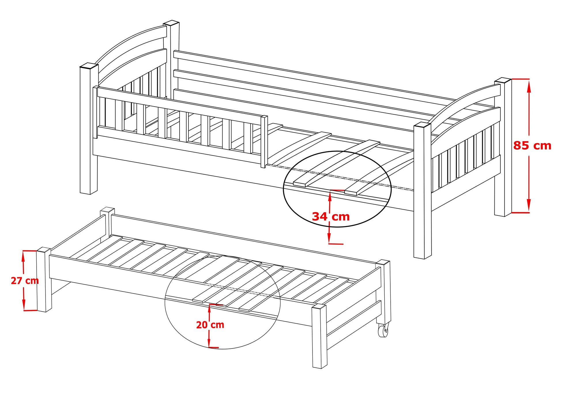 Wooden Bed Galaxy with Trundle and Storage white matt graphite pine