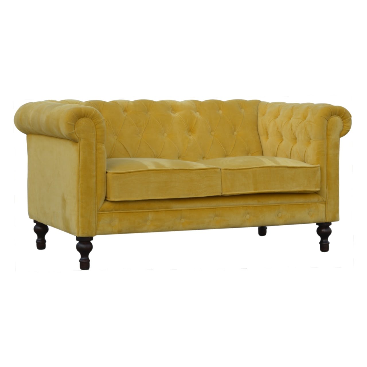 Mustard Velvet Chesterfield Sofa. 100% Solid Mango Walnut Finish