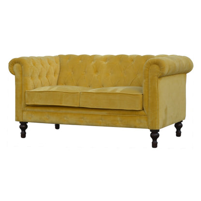 Mustard Velvet Chesterfield Sofa. 100% Solid Mango Walnut Finish