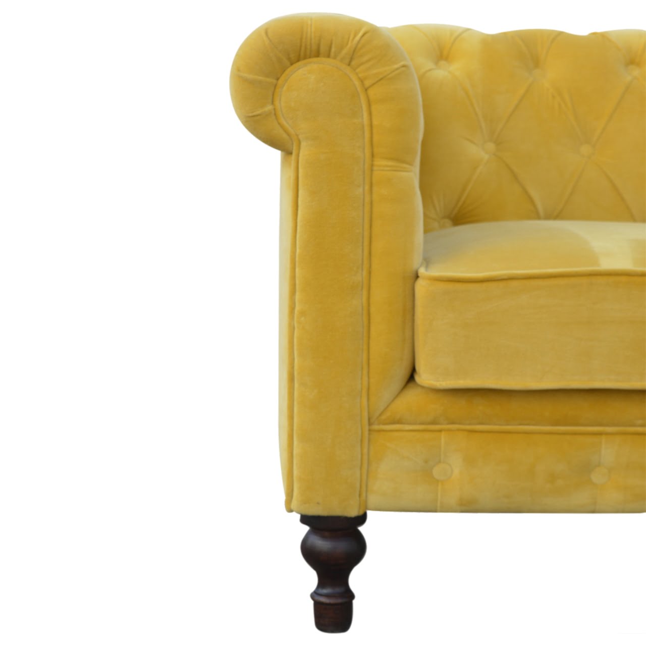 Mustard Velvet Chesterfield Sofa. 100% Solid Mango Walnut Finish